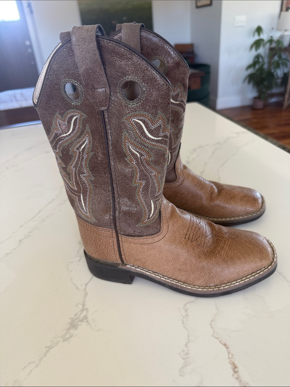 Old West Tan and Brown Kids Western Boots with Decorative Stitching